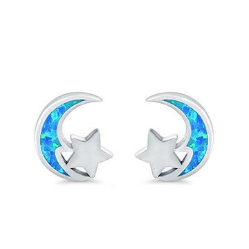 Moon & Star Stud Earrings Lab Created Blue Opal 925 Sterling Silver (8mm)